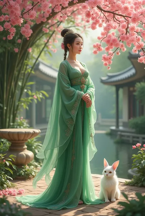 A powerful fairy in green，Wearing traditional Chinese Hanfu，Hair is also a hairstyle，In an ancient bamboo courtyard，A pink peach tree in the yard，A stone table and stone bench，Woman standing under a peach tree，There is a white spirit pet at the feet，Looks ...