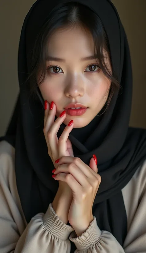 Raw photo, 300 dpi, realistic photo portrait, masterpiece, 8k uhd, Korean muslim woman portrait photo, 20 years old, beautiful clean skin, a famous model photo, upper body, wearing long hijab and modern abaya, very detailed fingers, beautiful red nails, (v...