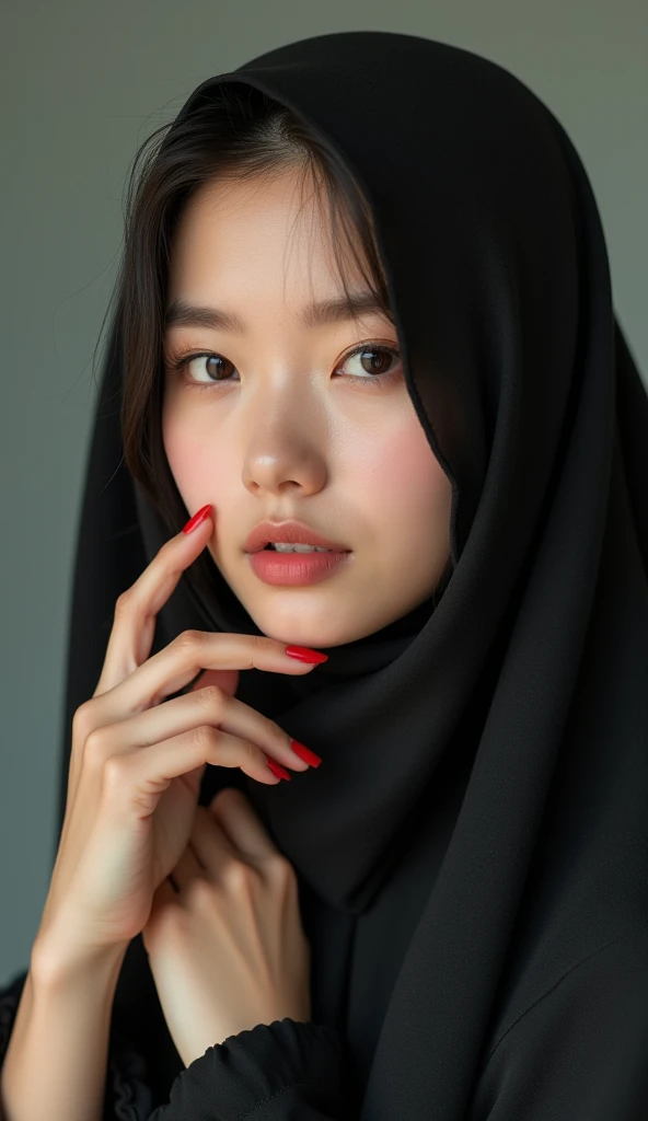 Raw photo, 300 dpi, realistic photo portrait, masterpiece, 8k uhd, Korean muslim woman portrait photo, 20 years old, beautiful clean skin, a famous model photo, upper body, wearing long hijab and modern abaya, very detailed fingers, beautiful red nails, (v...