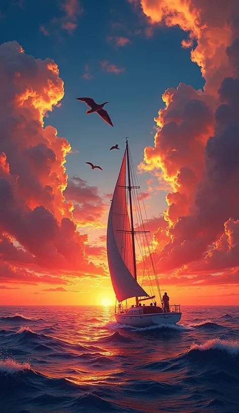 sailing boat, vibrant sunset, dramatic clouds, glowing sky, birds flying, vast ocean, waves breaking, warm lighting, intense colors, peaceful atmosphere, sunset reflections, side view angle, dynamic composition, picturesque, adventurous, serene scene, natu...