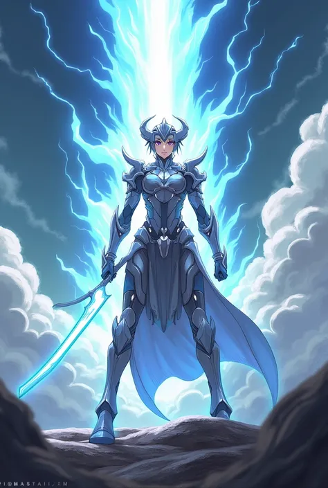 An anime-style fanart illustration of a character inspired by Acheron from Honkai Star Rail. The character stands in a dramatic pose, about to draw a massive, glowing sword that appears capable of slicing through the sky. The scene is set against a dynamic...