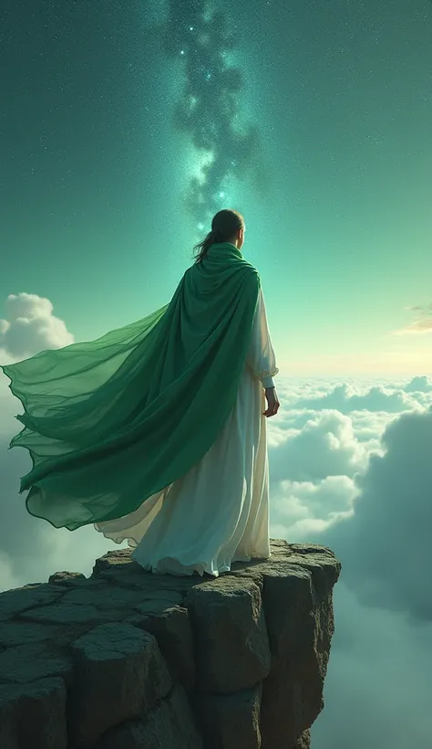 The image shows a person standing on a rocky cliff overlooking a vast landscape. The person is wearing a long white robe with a green cloak draped over their shoulders. The cloak is flowing in the wind, creating a sense of movement and energy. The sky is f...