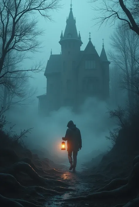 A scene of the protagonist walking cautiously towards the mansion, holding a flickering lantern. The surrounding area is filled with thick fog, and the mansion looms larger with every step. The ground is uneven, with tree roots and debris, and the air is f...