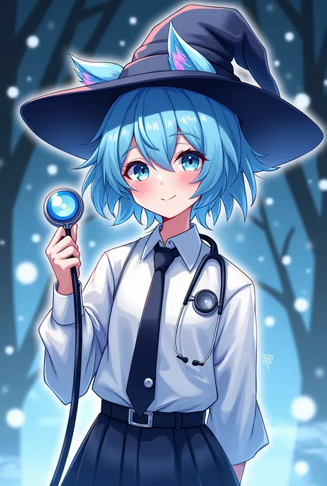 Illustration, anime, cool,Wizard&#39;s Hat,Stethoscope,Light blue hair,Light blue eyes,oversized white shirt,Black tie,Wolf Hair,boyish