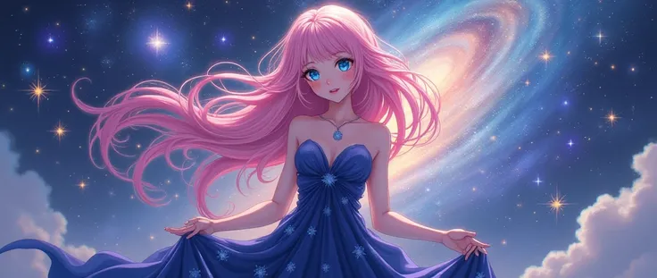 anime art style, female character, pink long hair, light pink eyes with stars inside, pale skin, cosmic divinity, dark blue dress with stars, fantasy background


