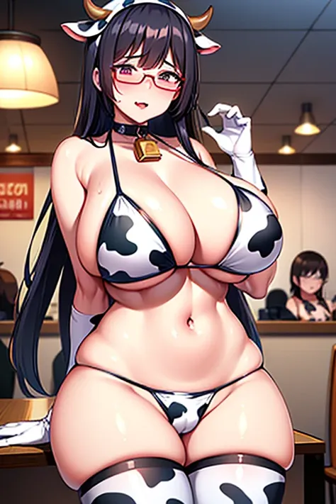 One woman、Mature Woman,Modest adult housewife,Quiet woman with round glasses,With black hair,Mature curvy body,Straight hair,Carefree face,((Cow print bikini)),White gloves,Cow print costume、Sweaty,White tights,At the cafe,Humidity,Flying heart shapes,trem...