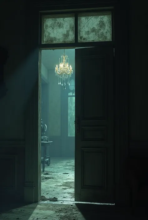 A view through the partially open front door of the mansion, revealing a dark, dusty interior. The door creaks ominously, and beyond it lies a grand but decaying entrance hall with a broken chandelier hanging from the ceiling. Cobwebs cover the corners, an...