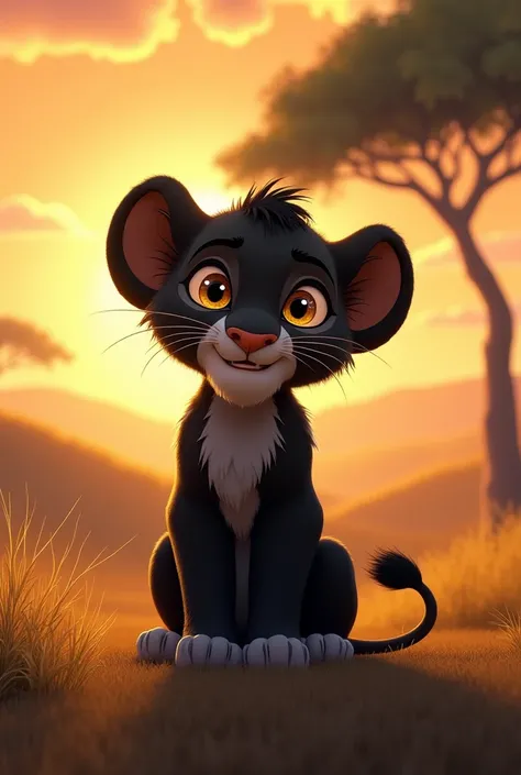 Black cat in style "the lion king"in the form of a lion cub