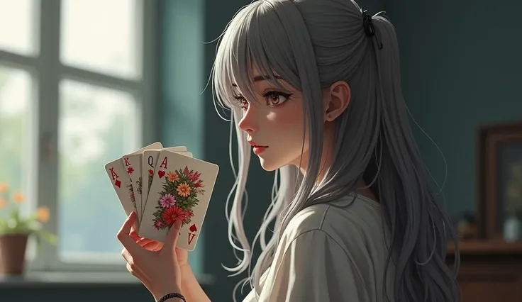 Flower playing cards holding by a realistic girl teenager with ash grey hair wolf cut long facing back without bangs