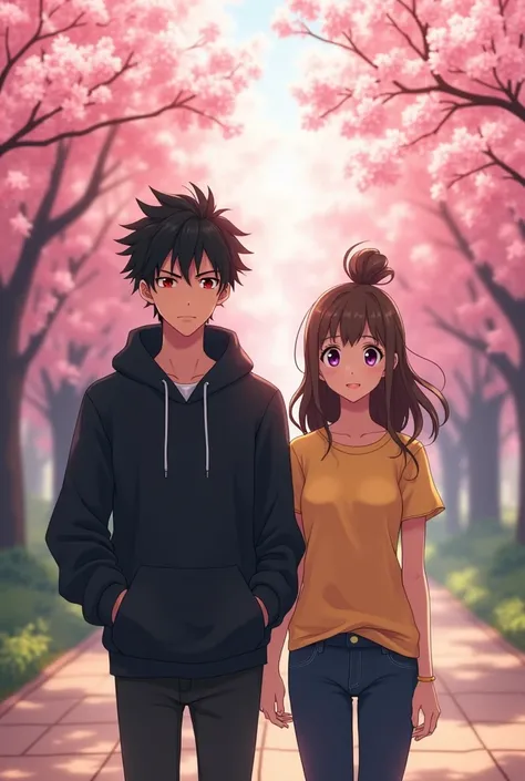 Anime boy ((( Spiky hair , black hair , black hoodie , red eyes , narrowed eye , handsome , hands in pocket ))) , anime girl ((( purple eyes , brown hair , tied single bun hair style , yellow t shirt , blank t shirt  )))  blossom tree theme , walking , mat...