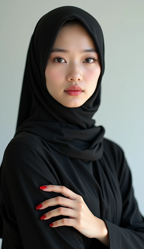 Raw photo, 300 dpi, realistic photo portrait, masterpiece, 8k, UHD, Korean muslim woman portrait photo, 20 years old, beautiful clean skin, a famous photo model, upper body, wearing long hijab and modern abaya, very detailed fingers, beautiful red nails, (...