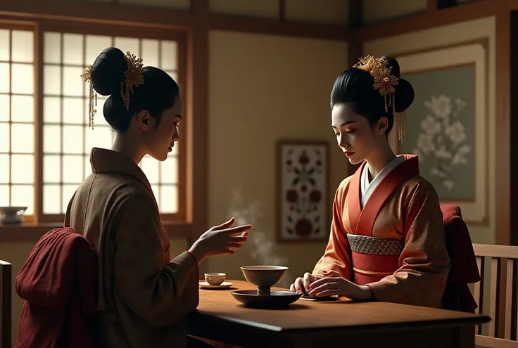 A Geisha serves tea to a client seated at a table, behind her back she holds a vial of poison