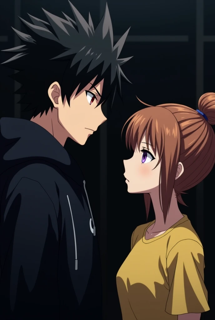 Anime boy ((( Spiky hair , black hair , black hoodie , red eyes , narrowed eye , handsome ))) , anime girl ((( purple eyes , brown hair , tied single bun hair style , yellow t shirt , blank t shirt  )))  dark background