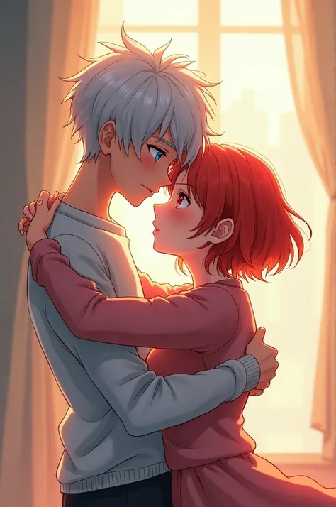 Teenage boy with white hair and blue eyes hugging a teenage girl dressed as a man with light red hair and light red eyes anime 