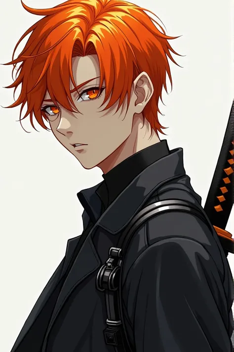 Very stylish young man with orange hair and orange eyes with a katana on his back he has a bit of an adult look