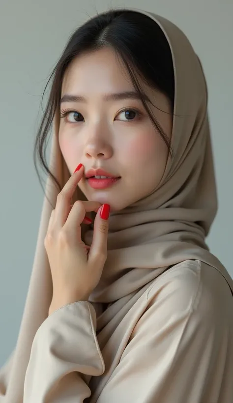 Raw photo, 300 dpi, realistic photo portrait, masterpiece, 8k, UHD, Korean muslim woman portrait photo, 20 years old, beautiful clean skin, a famous photo model, upper body, wearing long hijab and modern abaya, very detailed fingers, beautiful red nails, (...