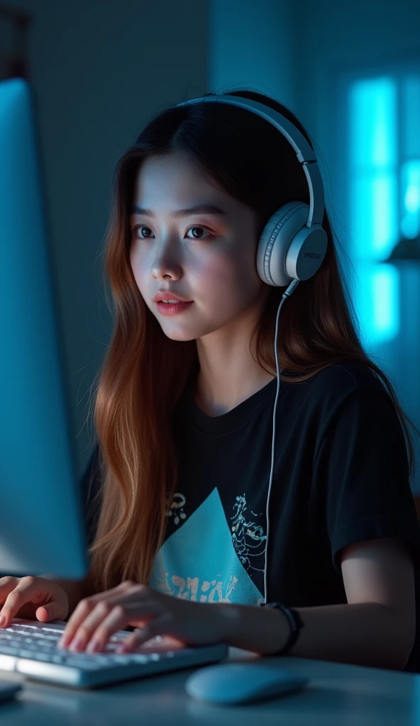 A 1solo girl, Turkish etnic ,beautyfull,cute,clear skin,ultra delicate face,double eyelids,perfect eyes,perfect skin,pale skin,fair skin,with long gradient brown hair wearing a black t shirt and cyan design, silver headphones,studying finite element elemen...