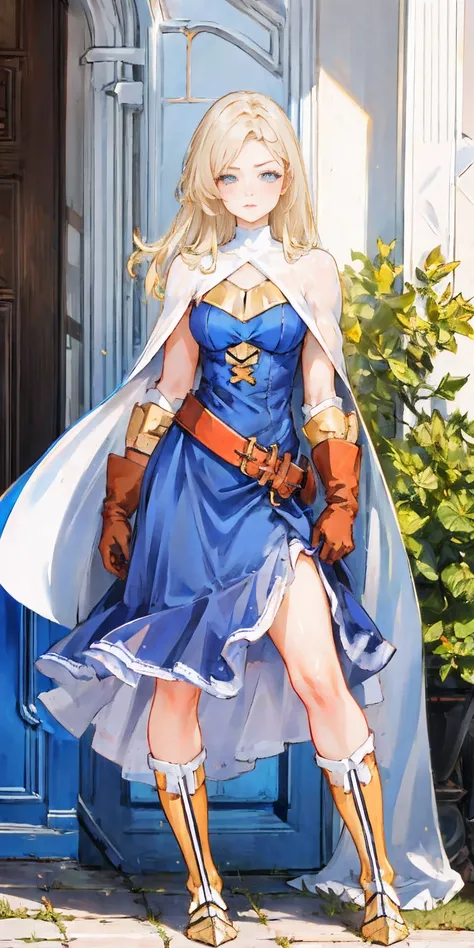 (masterpiece, best quality), 1girl,  KnightFFT, long hair, blonde hair, blue eyes, cape, armor, blue dress, belt, gloves, boots