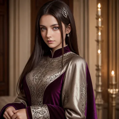 A woman with dark brown hair, with light-colored velvet tunic-style dresses with medieval-style silver patterns and details, purple eyes, High resolution, 