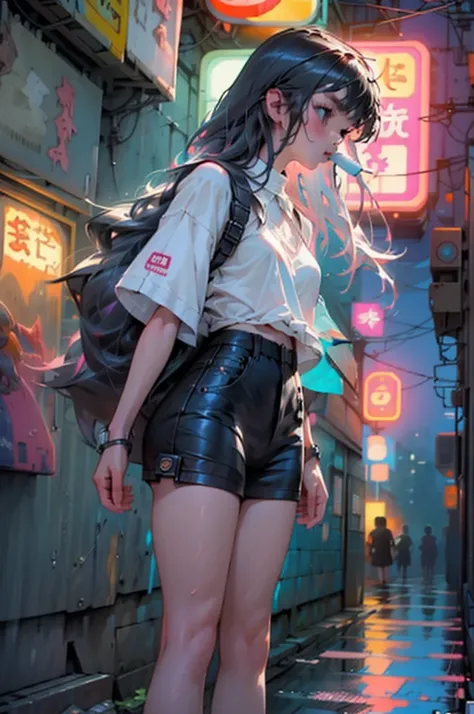 (pixel art_1.1)1girl,very long hair,Night,Street,Kitten,Small puddle,Rain,Neon Light,Hong Kong,Cyberpunk,Eating Popsicles,Insert pocket,Strap,short sleeve,White