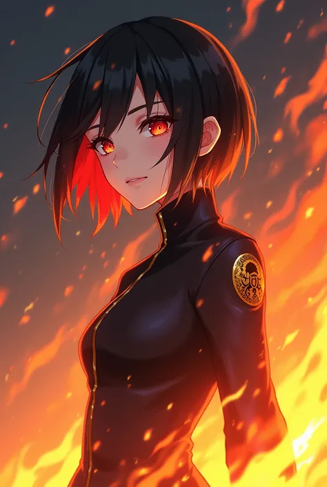 White anime girl with short black hair and a red lock with a serious personality but who can express emotions with the people closest to her, She lives in a fantasy world where people have some kind of element and she has fire and uses the appropriate unif...