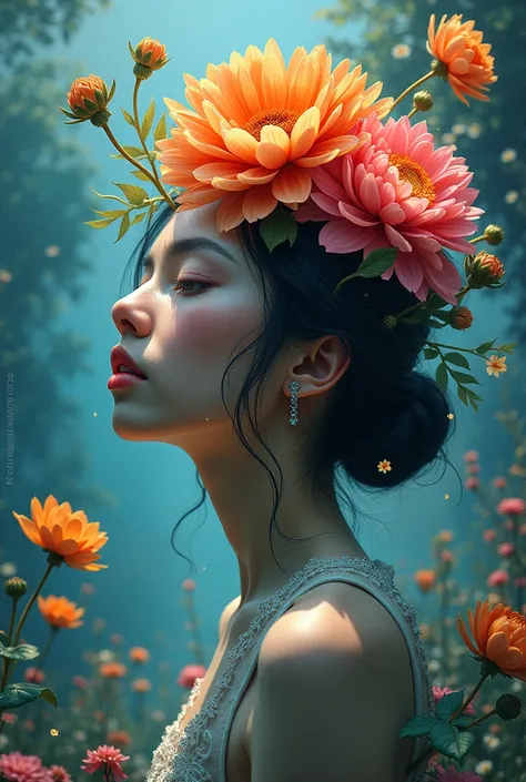 There is a poster with a picture of a person with a flower on their head, bipe. hiper-realismo, love death and robots, dubstep visualizado, bipe!!, Beeple e Mike Winkelmann, arte do bipe, death and robots, head exploding, inspirado em Igor Morski, Beeple e...