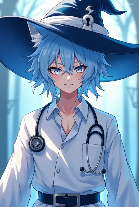 Loose white shirt,Light blue hair,male,Wolf Hair,Illustration, Anime Style, Stethoscope,doctor,Wizard&#39;s Hat