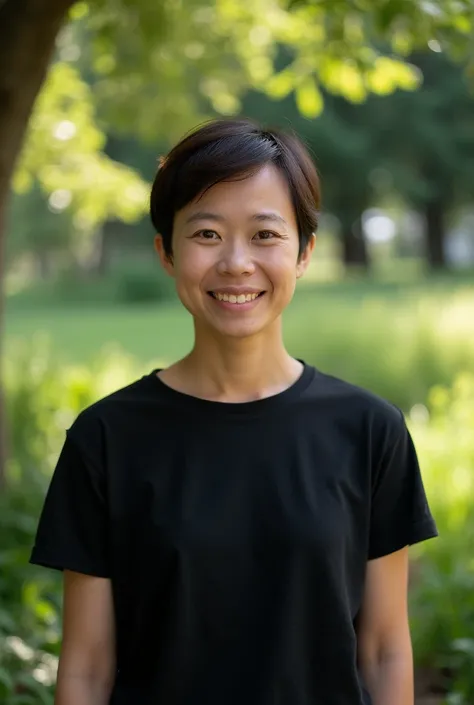 short hair, black t-shirt, standing, slight natural smile, relaxed pose, outdoor, natural environment, tree, greenery, soft daylight, light from above, minimal shadows, calm and serene atmosphere, front view, even exposure.