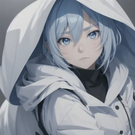 One person,boyish, High resolution, Simple Background, anime, Light blue eyes,White coat,Blue hair color,Wolf Cut Sleepy, 