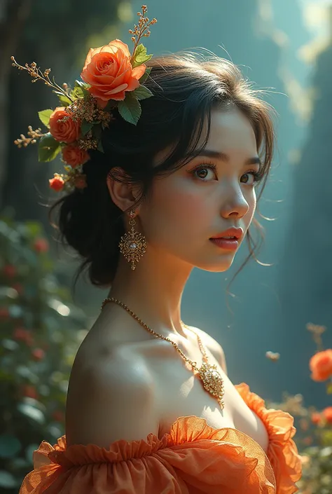 a beautiful young woman with detailed, realistic facial features, long eyelashes, perfect skin, delicate lips, and a serene expression, intricate jewelry, flowing hair, ornate dress, dramatic lighting, fantasy landscape background, cinematic composition, v...