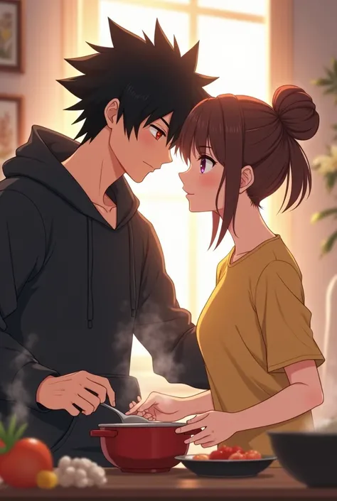 Anime boy ((( Spiky hair , black hair , black hoodie , red eyes , narrowed eye , handsome ))) , anime girl ((( purple eyes , brown hair , tied single bun hair style , yellow t shirt , blank t shirt  ))) cooking , romantic , matured