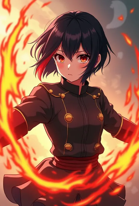 White anime girl with short black hair and a red lock with a serious personality but who can express emotions with the people closest to her, She lives in a fantasy world where people have some kind of element and she has fire and uses the appropriate unif...