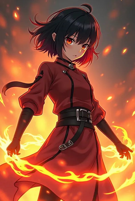 White anime girl with short black hair and a red lock with a serious personality but who can express emotions with the people closest to her, She lives in a fantasy world where people have some kind of element and she has fire and uses the appropriate unif...