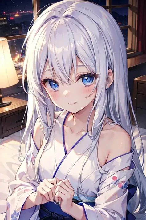 High resolution、anime、、Silver Hair、Long Hair、Beautiful blue eyes、smile、night、Beautiful yukata、Glossy white skin、On the futon