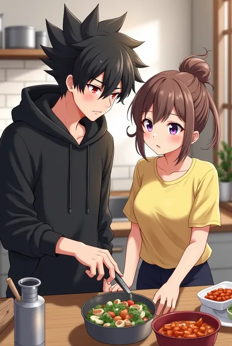 Anime boy ((( Spiky hair , black hair , black hoodie , red eyes , narrowed eye , handsome ))) , anime girl ((( purple eyes , brown hair , tied single bun hair style , yellow t shirt , blank t shirt  ))) cooking 