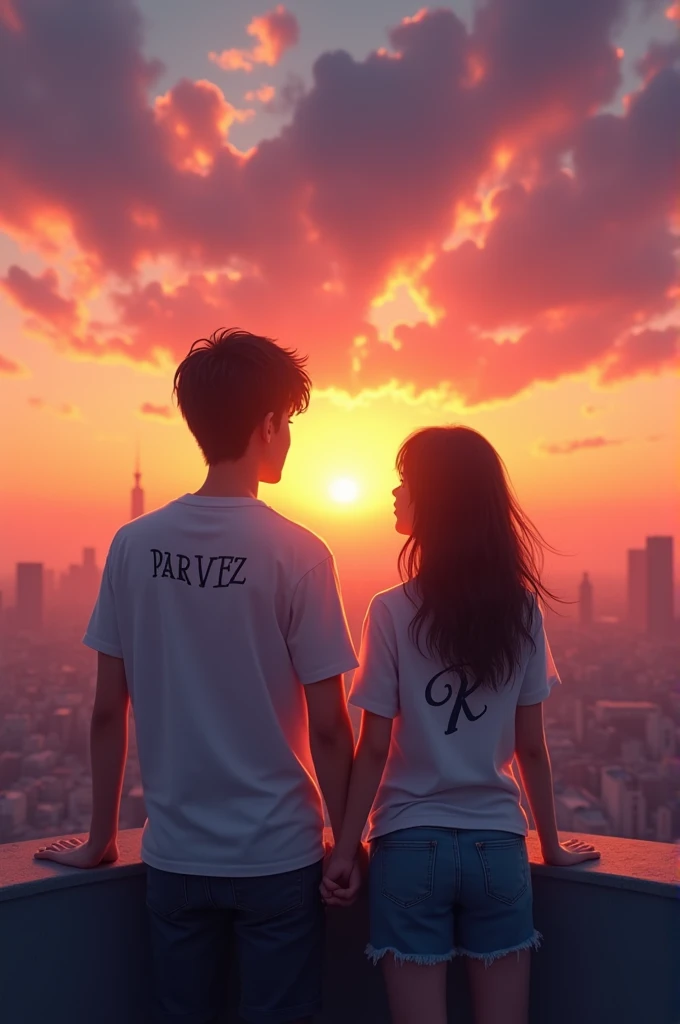 A couple on a building and enjoying the sunset.
Boy wearing a shirt PARVEZ written on it
Girl wearing a shirt R written on it 