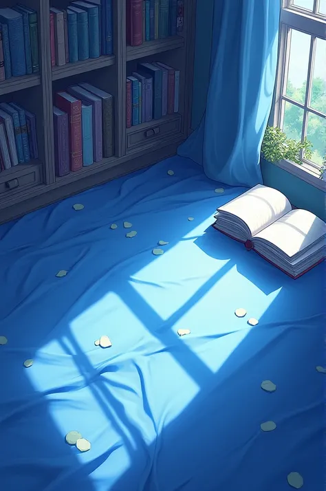 (Anime art) lots of books with many shade of blue lay across blue fabric