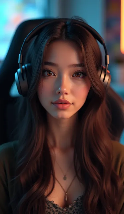 Create a realistic picture of a beautiful woman with a slightly larger nose and long, straight dark brown hair. She is seated in a gamer chair, appearing as if she is doing a live stream. Her expression is neutral and calm, without any smile. Her face is n...