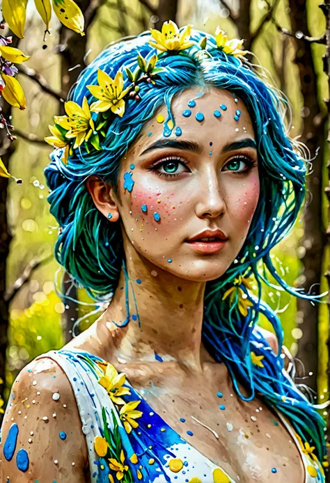 (best qualityer),(work of art:1.2), (colorfully:0.9), (ink spatter),(color splashing),((water colour)), Clear, sharp focus, model photo,, (portrait goddess of spring:1.5), cute expression,elegant blue hair color, beautiful face and detailed eyes, elegant g...