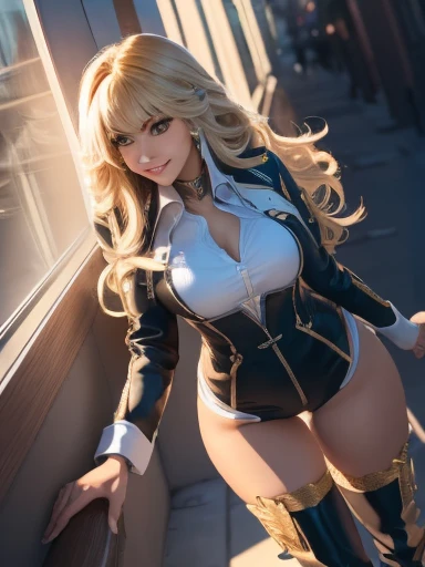 (Highly detailed CG Unity 8k wallpaper),(masterpiece), (highest quality), (super detailed), (Best Illustration),(best shadow), cowboy shot, cool beautiful woman, look down at the viewer、grin、(sharp eyeliner, eye shadow, fine eyes:1), urban background, ,bre...