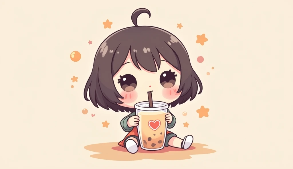 Circular heart in soft colors.
big, Round eyes, Drinking milk tea with a cute straw.
They added playful elements such as bubbles and stars around the logo.、Chibi style girl.