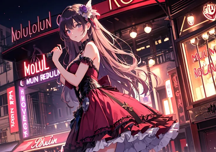 A beautiful girl stands fantastically on the stage of the mysterious Moulin Rouge. She is wearing a gradient red and purple dress, and a mysterious light shines on the dark background