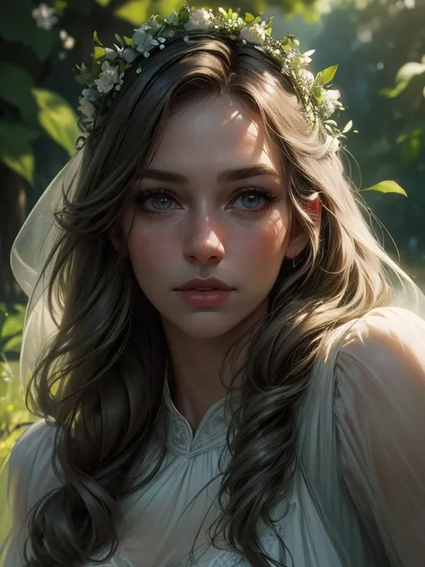 a peaceful girl in a serene garden, delicate flower crown, beautiful detailed eyes, beautiful detailed lips, extremely detailed face and skin, long eyelashes, soft natural lighting, cinematic composition, muted color palette, dreamlike atmosphere, detailed...