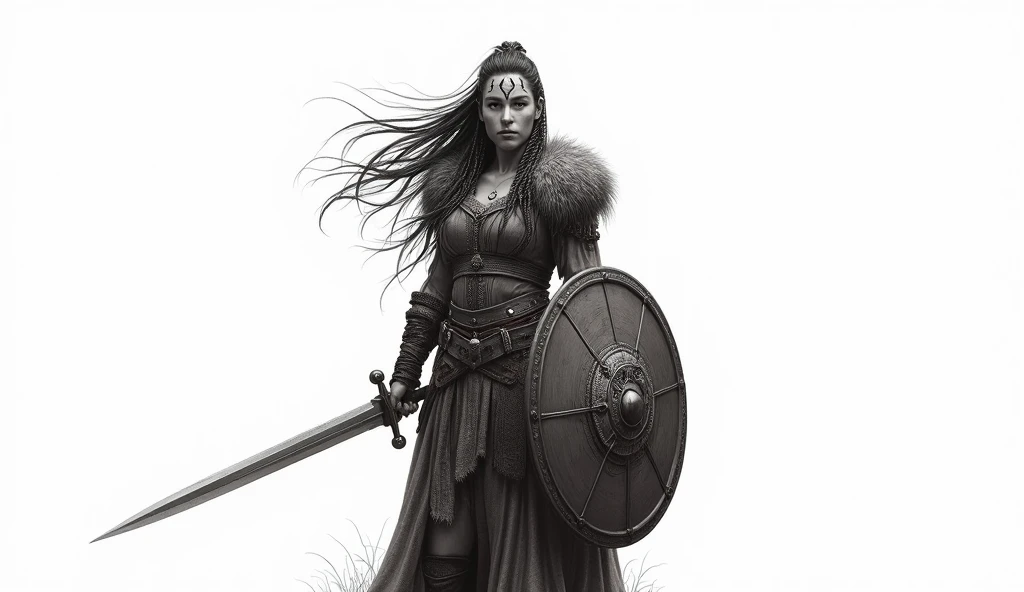 a viking princess warrior standing, in a frontal position, holding a shield with an owl emblem on the shield, and in the other hand holding a sword. The Viking warrior is beautiful and looks straight ahead, She has long, windblown hair, with some dreadlock...