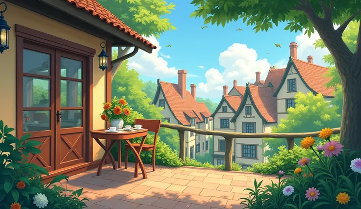 「Kiki&#39;s Delivery Service」Illustration of a worldview like this。Garden Terrace, Highest quality, Studio Lighting, Ultra-fine painting, Sharp focus, Physically Based Rendering, Very detailed explanation, Professional, Vibrant colors, Bokeh