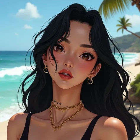 breast enhancement, She is often mistaken for her two daughters and sister., Half face with deep facial features and double eyelids, Sharp jaw, Long black hair, I love the ocean, Enjoying a solo trip abroad, Have a tattoo &#39;Love yourself&#39; 彼女の繊細な鎖骨に筆...