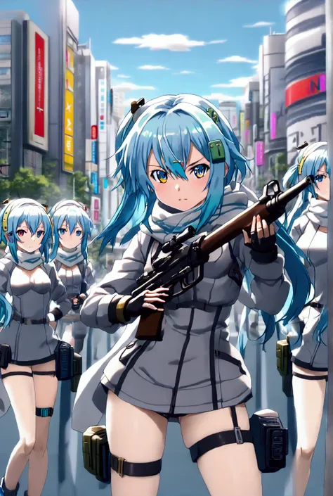 ((((((sinon, anime style, scarf, fingerless gloves,thin, pale blue hair, hair adornments, hair clips, thigh strap, cowboy shooti...