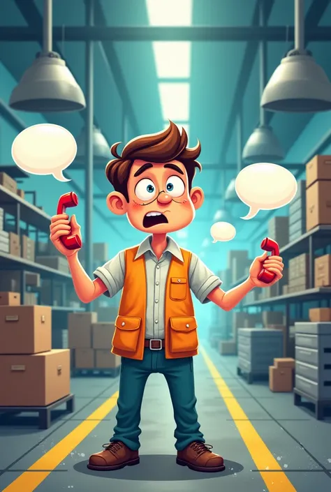 Create an illustration of an make manufacturing Assistant working tirelessly and exhausted 
in a manufacturing unit while he rescive calls from various persons of that manufacturing unit regarding the different tasks which a manufacturing Assistant has to ...