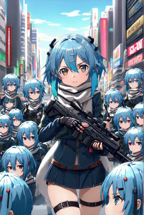 ((((((sinon, anime style, scarf, fingerless gloves,thin, pale blue hair, hair adornments, hair clips, thigh strap, cowboy shooti...