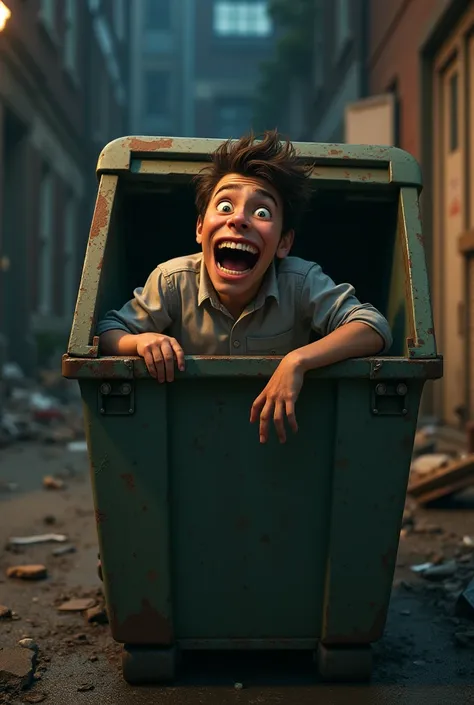 Young Man stuck in the dumpster laughing hysterical 